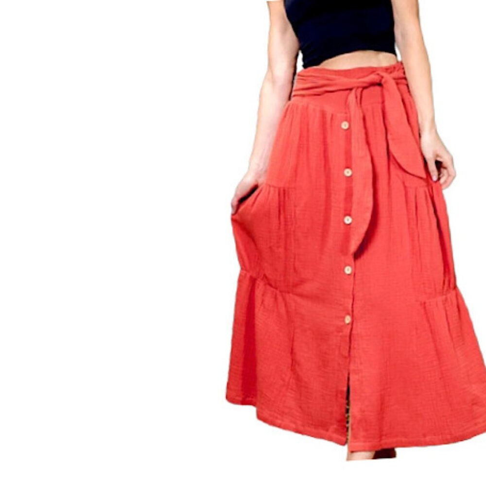 Women’s Rust High Waist Button Down Cotton Bohemian Long Maxi Skirt Summer Vibe